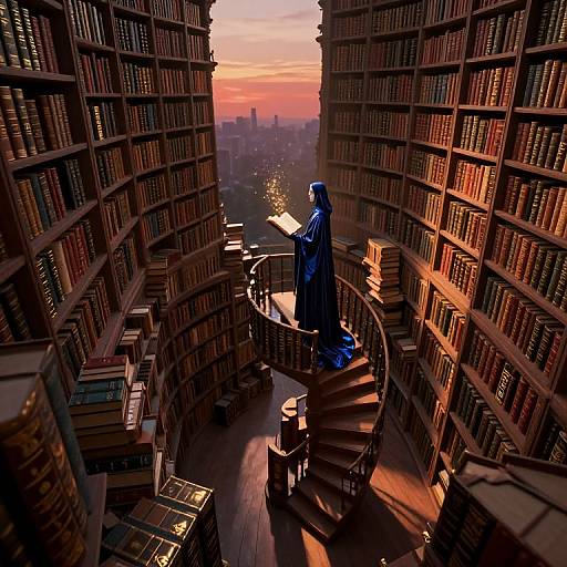 Digital art: A blue-robed figure stands on a spiral staircase in a towering, sunlit library with endless bookshelves and city skyline view.