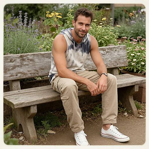 Photograph of a muscular, bearded man with short brown hair, wearing a tie-dye sleeveless shirt, beige pants, and white sneakers,
