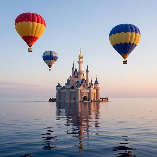 Fantasy photograph of a whimsical castle on calm water, surrounded by four colorful hot air balloons against a clear blue sky.