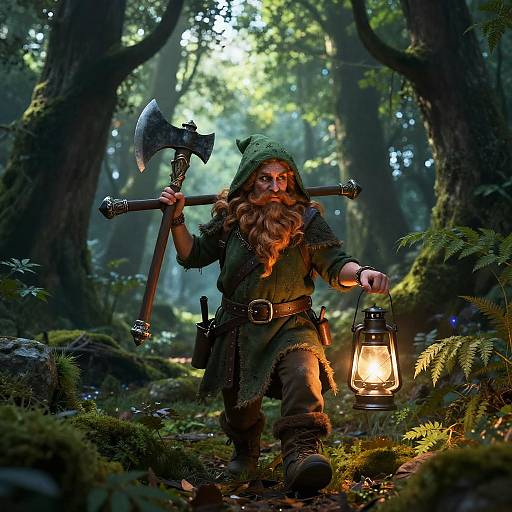 Bearded Dwarf Woman in Mystical Forest