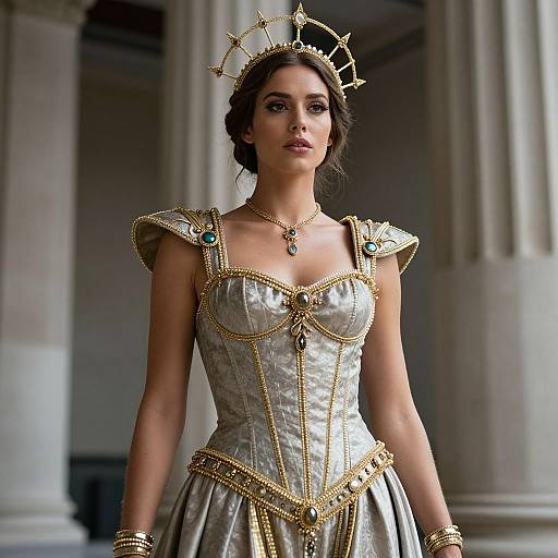 Photograph of a regal woman with dark hair, wearing a gold crown, silver and gold corseted gown, adorned with jewels, standing in