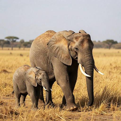 Photograph of a large adult elephant with white tusks and a smaller baby elephant standing in a golden grassy savanna. Clear blue sky in the