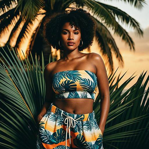 Woman in Tropical Print Tube Top with Palm Leaves Background