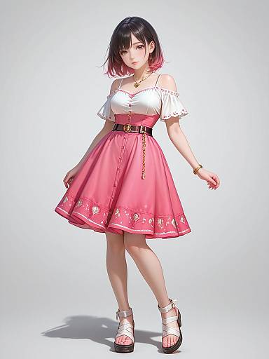 Woman in Coral Pink Skater Dress