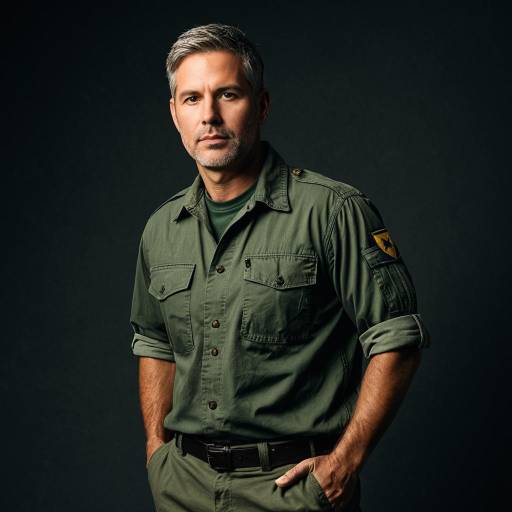 Man in Military-Style Outfit with Rolled Sleeves