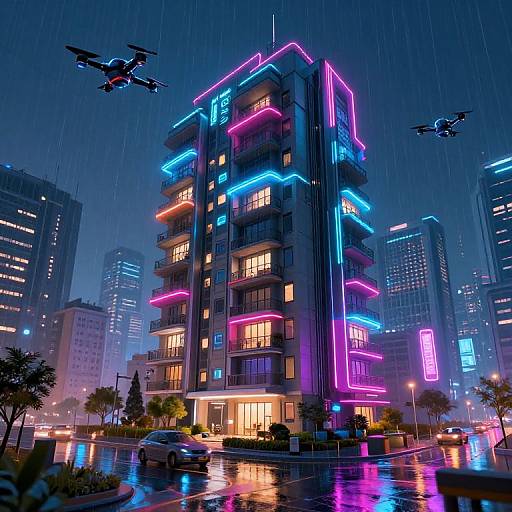 Neon-lit, futuristic skyscraper with vibrant blue, pink, and purple lights in rainy urban night scene, surrounded by flying drones and glowing city