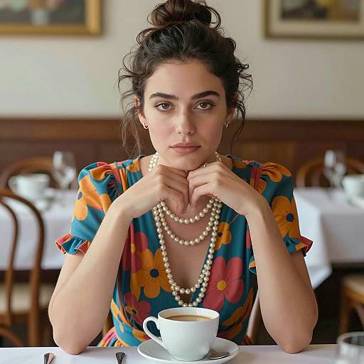 Elegant Woman in Floral Dress at Table