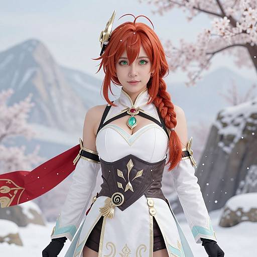 Digital artwork of a red-haired, green-eyed woman in a white and black fantasy outfit with gold accents, standing in a snowy, cherry blossom-filled landscape