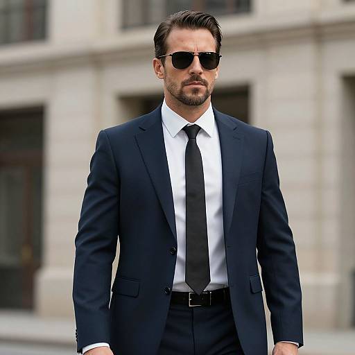 Photograph of a handsome, bearded man in a black suit, white shirt, black tie, and sunglasses, walking confidently in front of a blurred