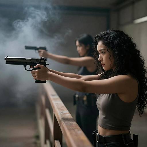 Dual Women Aiming Handguns Through Smoke