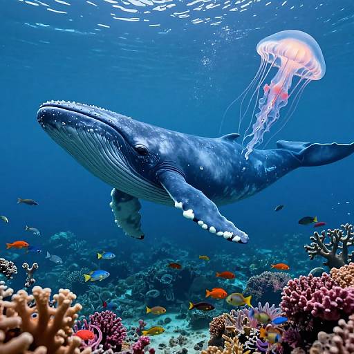 Photograph of a majestic blue whale swimming beneath a glowing jellyfish, surrounded by colorful fish and vibrant coral reefs in a deep blue ocean.