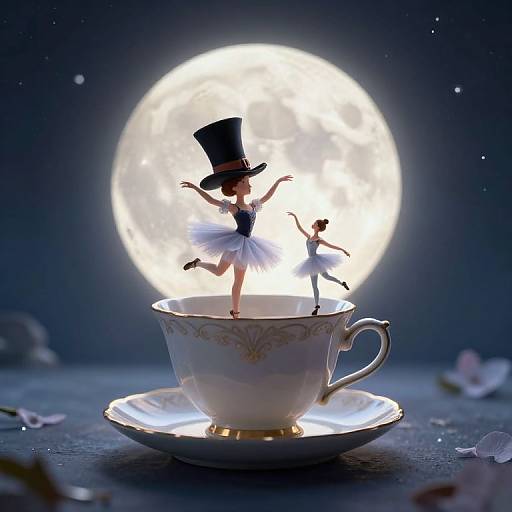 Photograph of three tiny ballerinas with white tutus and a top hat inside a glowing teacup, illuminated by a bright full moon in