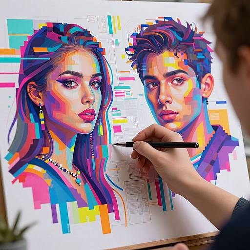 Vibrant digital portrait of a man and woman with colorful pixelated backgrounds, artist holding black pen, detailed, modern art style.