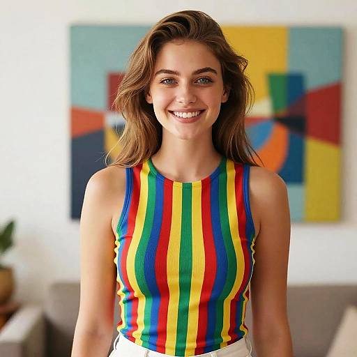Photograph of a smiling young woman with wavy brown hair, wearing a sleeveless, vertically striped rainbow tank top, standing in front of a colorful
