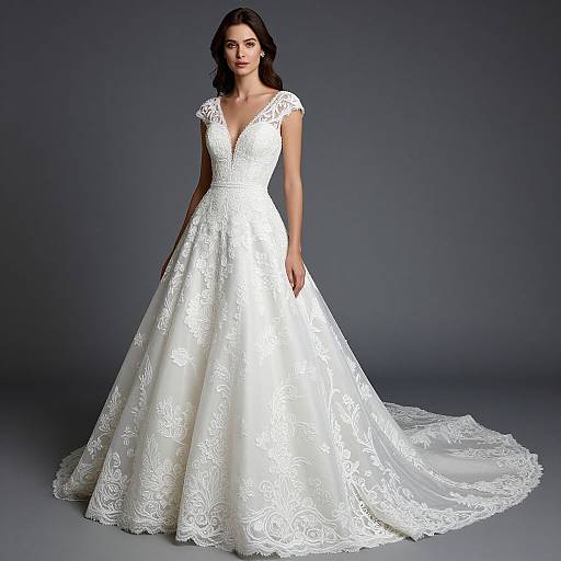 Photograph of a dark-haired woman in a white, lace-embroidered, V-neck, ball-gown wedding dress with short sleeves, standing