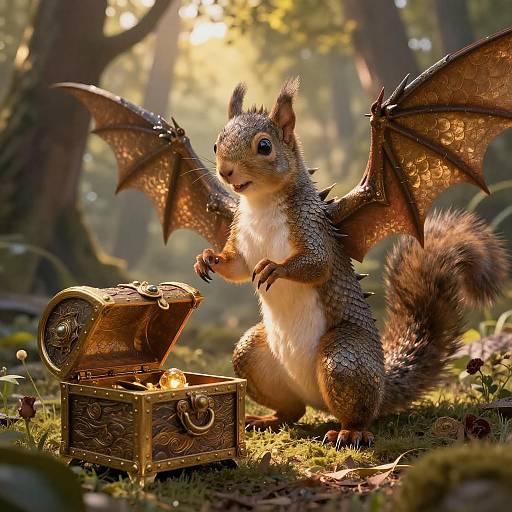 Fantastical CGI of a squirrel with bat-like wings, opening a glowing, ornate treasure chest in a sunlit forest.