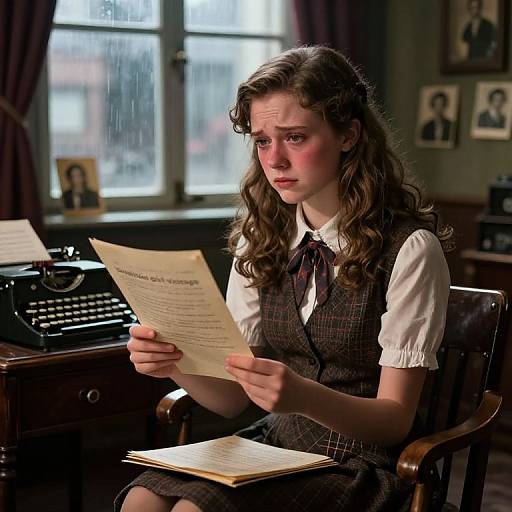 Photograph of a young woman with wavy brown hair, blushing, wearing a vintage schoolgirl uniform, reading a letter at a wooden desk with