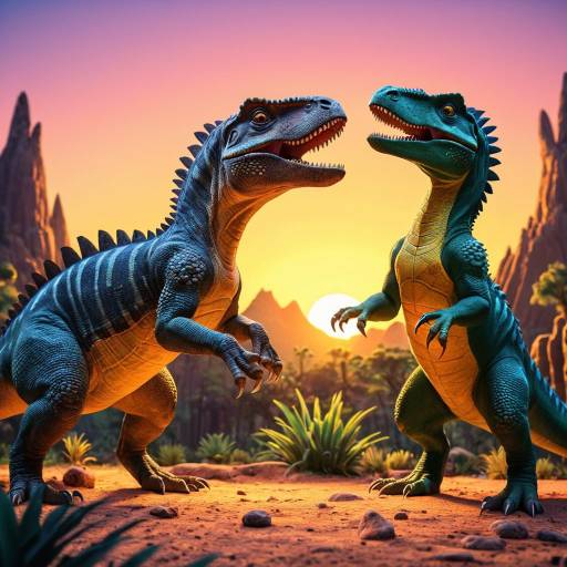 Disney-style Cartoon Dinosaurs at Sunset Disney-style Cartoon Dinosaurs at Sunset