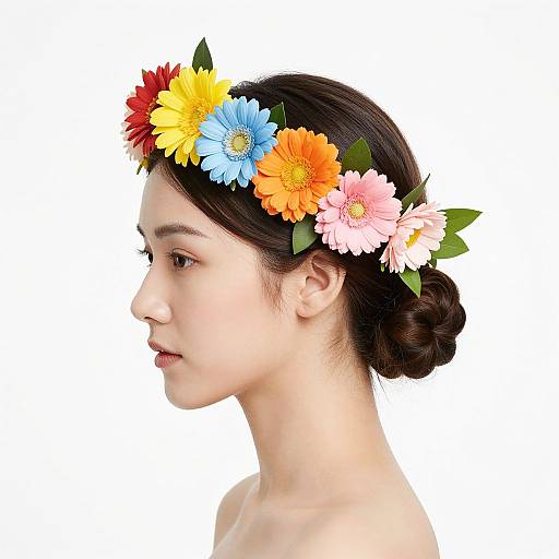 Photograph of an Asian woman in profile wearing a colorful flower crown with yellow, blue, orange, and pink flowers against a white background.