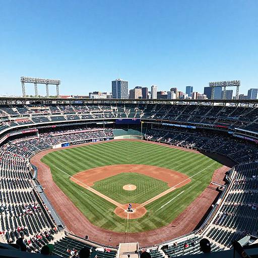Colorful, wide-angle photograph of a packed baseball stadium, showing a green, striped outfield, red infield, and a city skyline in the background under