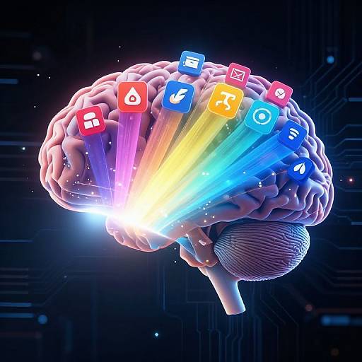 CGI image of a glowing, 3D-rendered human brain with colorful app icons (B, Play, Share, etc.) emitting light rays