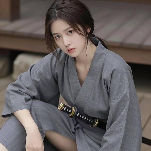 Asian Woman in Gray Kimono with Katana