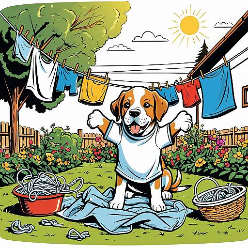 Cartoon Puppy Tangled in Laundry in Sunny Backyard