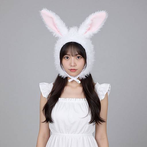 Photograph of an Asian woman with long black hair, wearing a white bunny ear hat and dress, set against a plain gray background.