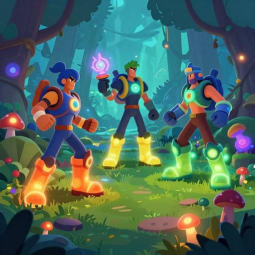 Digital illustration of three blue-haired, muscular, cartoon warriors in a vibrant, enchanted forest, wielding glowing elements, surrounded by luminescent mushrooms and glowing