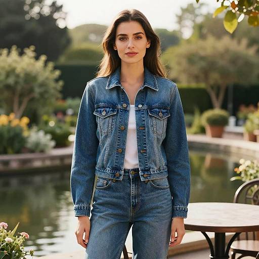 Photograph of a brunette woman with long hair, wearing a blue denim jacket and high-waisted jeans, standing in a sunlit garden with a