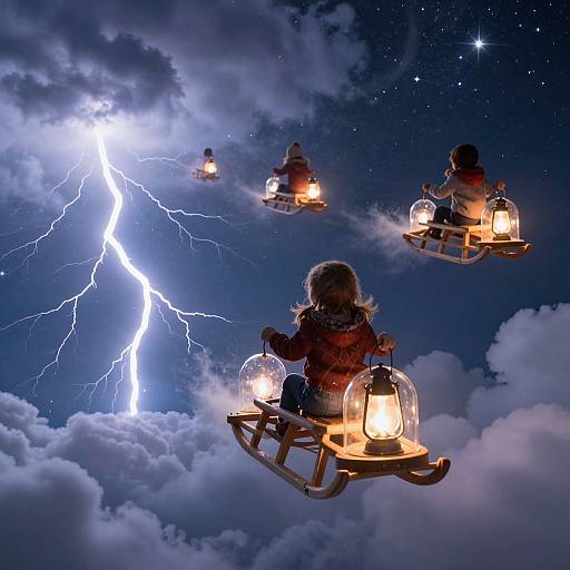 Children Sledding Through Starry Sky