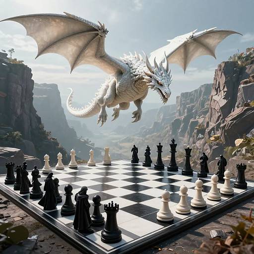 Surreal White Dragon Over Chess Valley