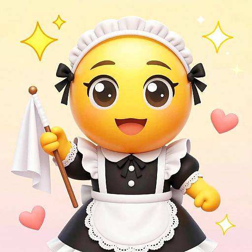 Cute digital illustration of a yellow, smiling emoji in a black and white maid outfit holding a white flag, with pink hearts and sparkles in the