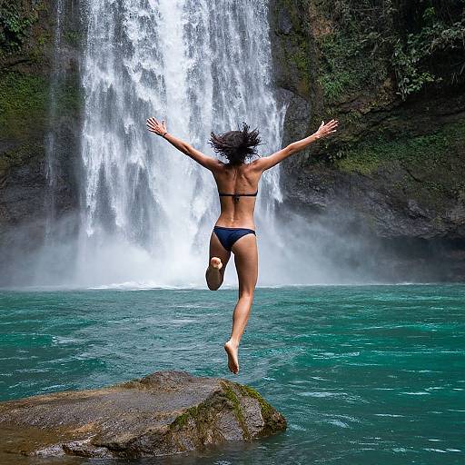Photograph of a woman with dark curly hair, wearing a black bikini, jumping from a rock into a turquoise pool, with a cascading waterfall in