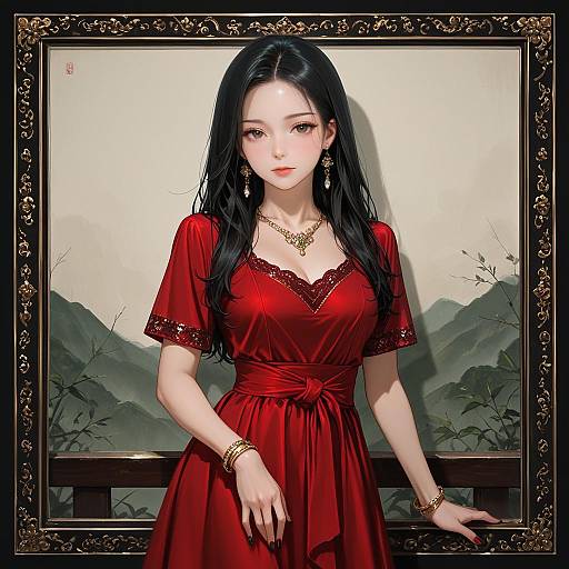 Elegant Asian Woman in Red Dress with Jewelry