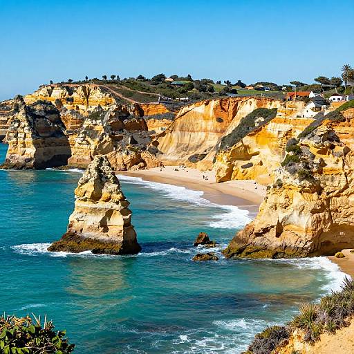 Photograph of a coastal cliff landscape with golden-brown rocky formations, turquoise ocean, white surf, sandy beach, and green shrubbery.