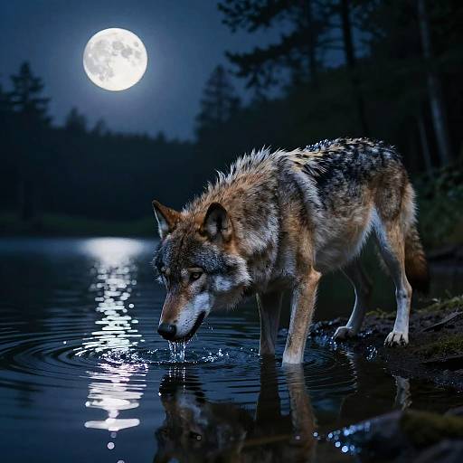 Mystical Wolf by Moonlit Lake