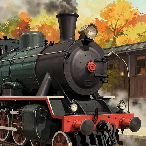 Photorealistic digital art of a black steam locomotive with red accents, emitting smoke, set against a vibrant autumn backdrop with colorful trees and a wooden