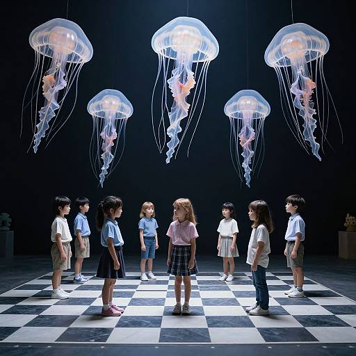 Photograph of seven children in school uniforms standing on a black-and-white checkered floor, gazing at glowing jellyfish floating above them against a dark