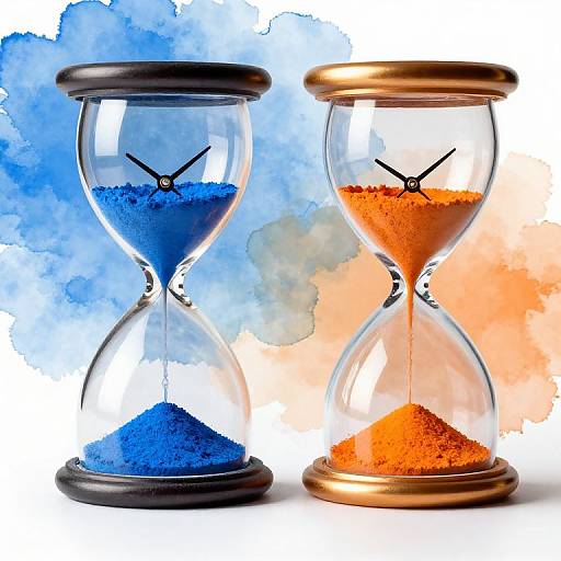 Photograph of two hourglasses with blue and orange sand, black metal lids, against a watercolor background of blue and orange.