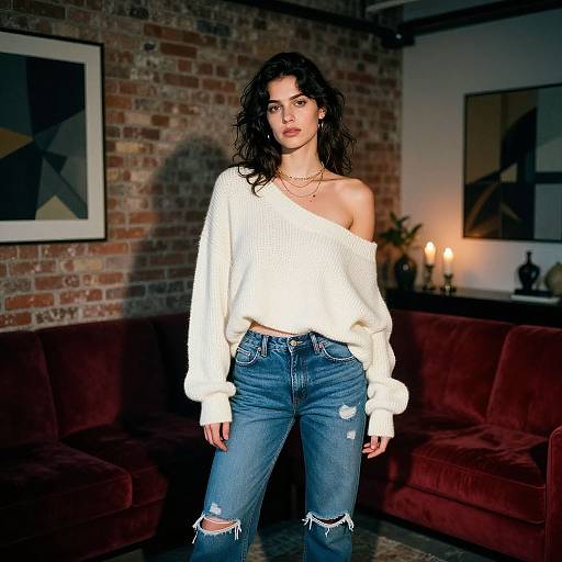 Photograph of a curly-haired woman in a white off-shoulder sweater and ripped blue jeans, standing in a dimly lit, brick-walled