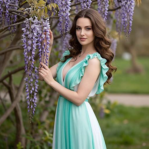 Photograph of a beautiful woman with long, wavy brown hair, wearing a light turquoise, ruffled dress, standing among blooming purple wister