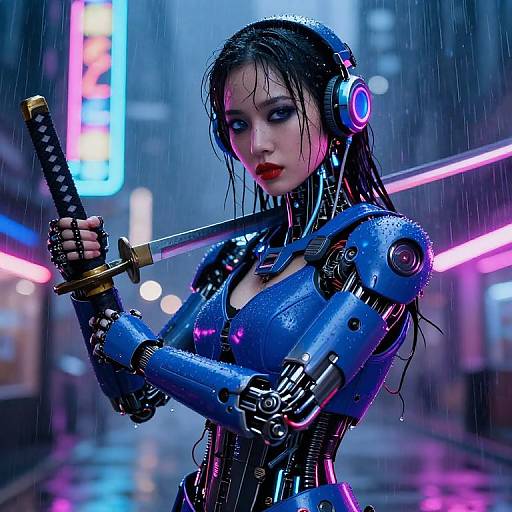Cyborg woman with wet, dark hair, holding katana in rainy neon-lit city. Blue robotic armor, headphones, and determined expression. Digital