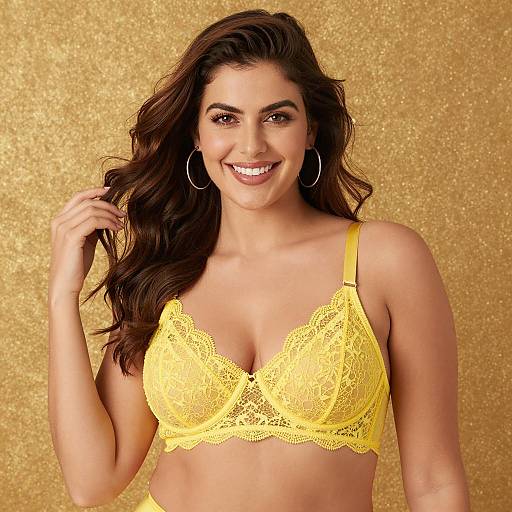 Smiling Woman in Yellow Lace Bra