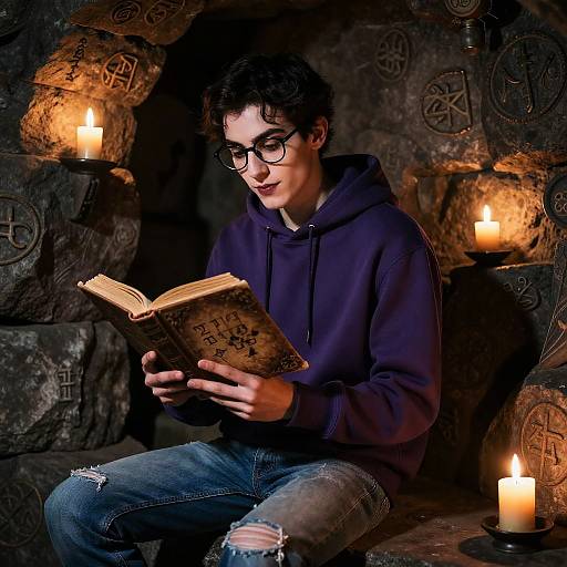 Photograph of a young man with curly hair, glasses, and a navy hoodie, reading an ancient book in a dimly lit, candlelit stone