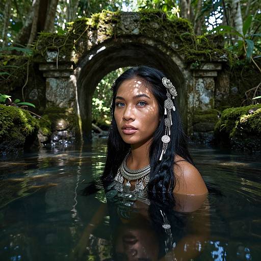 Photograph of a beautiful, dark-haired woman with glowing brown skin and silver jewelry, partially submerged in a forest stream under a moss-covered stone archway
