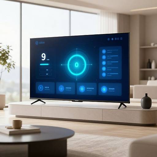 Photograph of modern living room with large, flat-screen TV displaying blue Smart TV interface, white walls, floor-to-ceiling windows, and minimalist decor