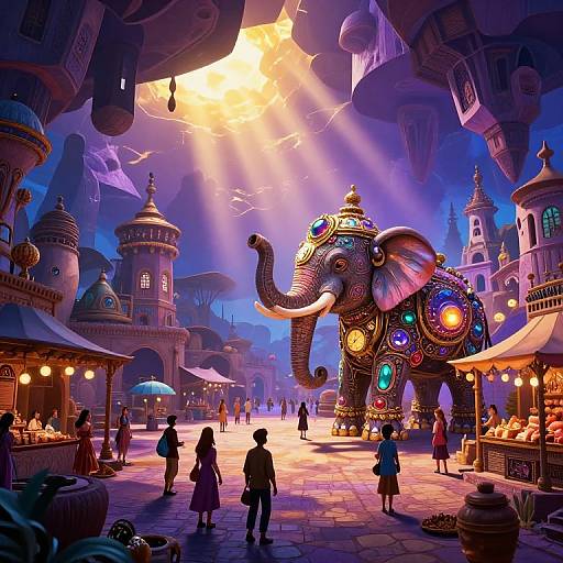 Vibrant, steampunk market scene with a colorful, illuminated elephant at center, surrounded by vendors and people under a bright, glowing sky.
