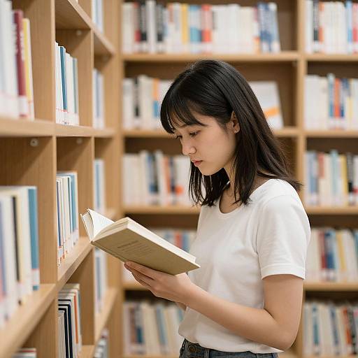 Photograph of an Asian woman with black hair, wearing a white t-shirt, reading a book in a brightly lit library.