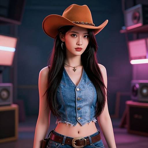 Digital artwork of an Asian woman with long black hair, wearing a brown cowboy hat, denim crop top, and belt, standing in a dimly lit